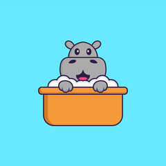 Cute hippopotamus taking a bath in the bathtub. Animal cartoon concept isolated. Can used for t-shirt, greeting card, invitation card or mascot. Flat Cartoon Style