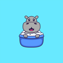 Cute hippopotamus taking a bath in the bathtub. Animal cartoon concept isolated. Can used for t-shirt, greeting card, invitation card or mascot. Flat Cartoon Style