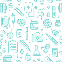 Medical laboratory icons with Pharmacy elements seamless pattern. Medicine items icons isolated on white background. Line icons set of First aid kit, thermometer, vitamins, phonendoscope,  syringe