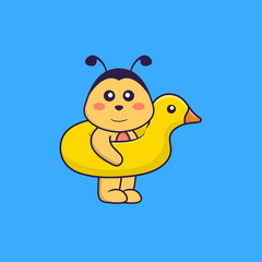 Cute bee With Duck buoy. Animal cartoon concept isolated. Can used for t-shirt, greeting card, invitation card or mascot. Flat Cartoon Style