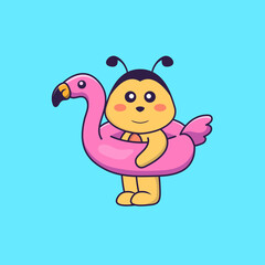 Cute bee With flamingo buoy. Animal cartoon concept isolated. Can used for t-shirt, greeting card, invitation card or mascot. Flat Cartoon Style