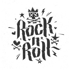 Rock n Roll music Grunge style lettering print tee or poster isolated vector. Doodle style Punk skull with crown. Rock n Roll culture vintage  print stamp t-shirt. Vector lettering artwork