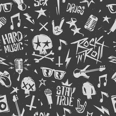 Rock n Roll  grunge style seamless pattern with doodle punk elements. Endless hand drown fashion background isolated from black. Rock n Roll for badge, Tee print stamp t-shirt, print fabric texture - obrazy, fototapety, plakaty