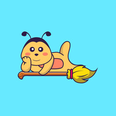 Cute bee lying on Magic Broom. Animal cartoon concept isolated. Can used for t-shirt, greeting card, invitation card or mascot. Flat Cartoon Style