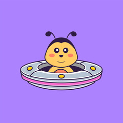 Cute bee Driving Spaceship Ufo. Animal cartoon concept isolated. Can used for t-shirt, greeting card, invitation card or mascot. Flat Cartoon Style