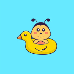 Cute bee With Duck buoy. Animal cartoon concept isolated. Can used for t-shirt, greeting card, invitation card or mascot. Flat Cartoon Style