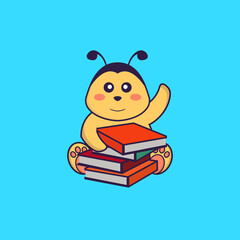 Cute bee reading a book. Animal cartoon concept isolated. Can used for t-shirt, greeting card, invitation card or mascot. flat cartoon style