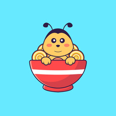 Cute bee eating ramen noodles. Animal cartoon concept isolated. Can used for t-shirt, greeting card, invitation card or mascot. Flat Cartoon Style