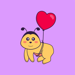 Cute bee flying with love shaped balloons. Animal cartoon concept isolated. Can used for t-shirt, greeting card, invitation card or mascot. Flat Cartoon Style