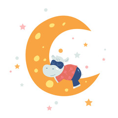 Vector illustration of a little hippopotamus sleeping on the moon isolated on white background. Perfect for a poster, nursery clothing, postcard, print.