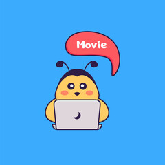 Cute bee is watching a movie. Animal cartoon concept isolated. Can used for t-shirt, greeting card, invitation card or mascot. Flat Cartoon Style