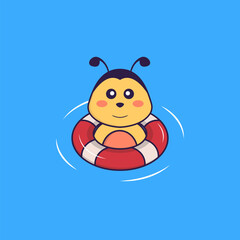 Cute bee is Swimming with a buoy. Animal cartoon concept isolated. Can used for t-shirt, greeting card, invitation card or mascot. Flat Cartoon Style