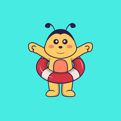 Cute bee using a float. Animal cartoon concept isolated. Can used for t-shirt, greeting card, invitation card or mascot. Flat Cartoon Style