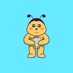 Cute bee holding a map. Animal cartoon concept isolated. Can used for t-shirt, greeting card, invitation card or mascot. Flat Cartoon Style