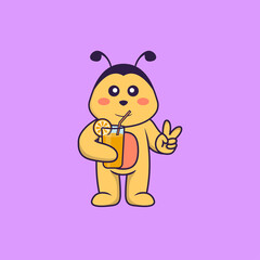 Cute bee holding orange juice in glass. Animal cartoon concept isolated. Can used for t-shirt, greeting card, invitation card or mascot. Flat Cartoon Style