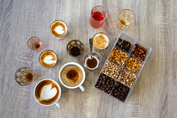 Top view coffee maker set on wood table.Coffee school concept.