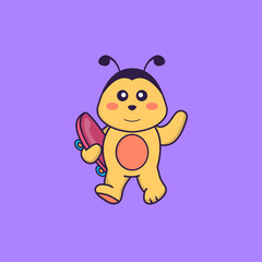 Cute bee holding a skateboard. Animal cartoon concept isolated. Can used for t-shirt, greeting card, invitation card or mascot. Flat Cartoon Style