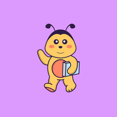 Cute bee holding a book. Animal cartoon concept isolated. Can used for t-shirt, greeting card, invitation card or mascot. Flat Cartoon Style