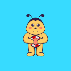 Cute bee holding a buoy. Animal cartoon concept isolated. Can used for t-shirt, greeting card, invitation card or mascot. Flat Cartoon Style