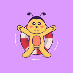 Cute bee is Swimming with a buoy. Animal cartoon concept isolated. Can used for t-shirt, greeting card, invitation card or mascot. Flat Cartoon Style