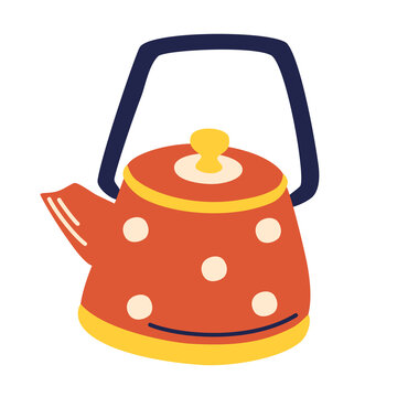 Vintage red teapot with polka dots. Kitchen kettle. Trendy flat vector concept of steaming boiling kettle for web, app, dishes shop decor. Vector illustration isolated on a white background.