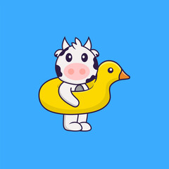 Cute cow With Duck buoy. Animal cartoon concept isolated. Can used for t-shirt, greeting card, invitation card or mascot. Flat Cartoon Style