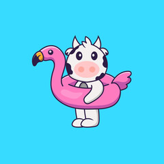 Cute cow With flamingo buoy. Animal cartoon concept isolated. Can used for t-shirt, greeting card, invitation card or mascot. Flat Cartoon Style
