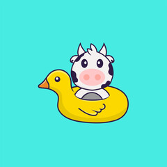 Cute cow With Duck buoy. Animal cartoon concept isolated. Can used for t-shirt, greeting card, invitation card or mascot. Flat Cartoon Style