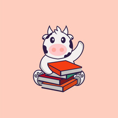 Cute cow reading a book. Animal cartoon concept isolated. Can used for t-shirt, greeting card, invitation card or mascot. flat cartoon style