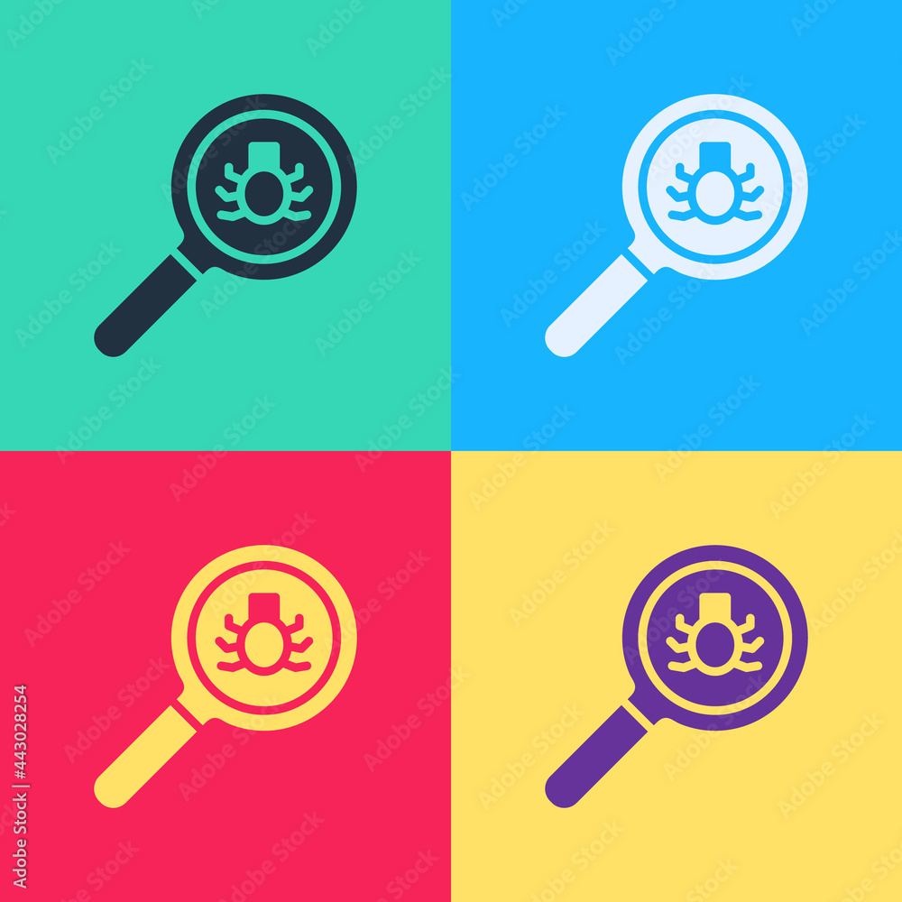Poster pop art flea search icon isolated on color background. vector