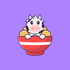 Cute cow eating ramen noodles. Animal cartoon concept isolated. Can used for t-shirt, greeting card, invitation card or mascot. Flat Cartoon Style