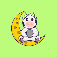 Cute cow is sitting on the moon. Animal cartoon concept isolated. Can used for t-shirt, greeting card, invitation card or mascot. Flat Cartoon Style