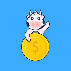 Cute cow holding coin. Animal cartoon concept isolated. Can used for t-shirt, greeting card, invitation card or mascot. Flat Cartoon Style