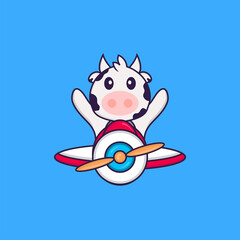 Cute cow flying on a plane. Animal cartoon concept isolated. Can used for t-shirt, greeting card, invitation card or mascot. Flat Cartoon Style