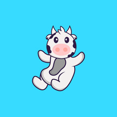Cute cow is flying. Animal cartoon concept isolated. Can used for t-shirt, greeting card, invitation card or mascot. Flat Cartoon Style