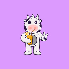 Cute cow holding orange juice in glass. Animal cartoon concept isolated. Can used for t-shirt, greeting card, invitation card or mascot. Flat Cartoon Style