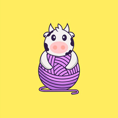 Cute cow playing with wool yarn. Animal cartoon concept isolated. Can used for t-shirt, greeting card, invitation card or mascot. Flat Cartoon Style