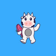 Cute cow holding a skateboard. Animal cartoon concept isolated. Can used for t-shirt, greeting card, invitation card or mascot. Flat Cartoon Style