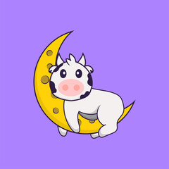 Cute cow is on the moon. Animal cartoon concept isolated. Can used for t-shirt, greeting card, invitation card or mascot. Flat Cartoon Style