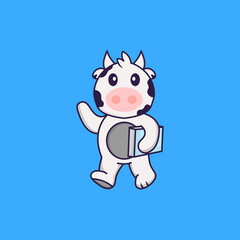 Cute cow holding a book. Animal cartoon concept isolated. Can used for t-shirt, greeting card, invitation card or mascot. Flat Cartoon Style