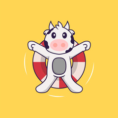 Cute cow is Swimming with a buoy. Animal cartoon concept isolated. Can used for t-shirt, greeting card, invitation card or mascot. Flat Cartoon Style