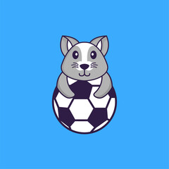 Cute rat playing soccer. Animal cartoon concept isolated. Can used for t-shirt, greeting card, invitation card or mascot. Flat Cartoon Style