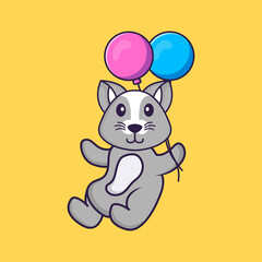 Cute rat flying with two balloons. Animal cartoon concept isolated. Can used for t-shirt, greeting card, invitation card or mascot. Flat Cartoon Style