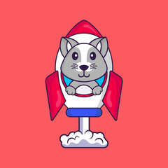 Cute rat flying on rocket. Animal cartoon concept isolated. Can used for t-shirt, greeting card, invitation card or mascot. Flat Cartoon Style
