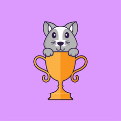 Cute rat with gold trophy. Animal cartoon concept isolated. Can used for t-shirt, greeting card, invitation card or mascot. Flat Cartoon Style
