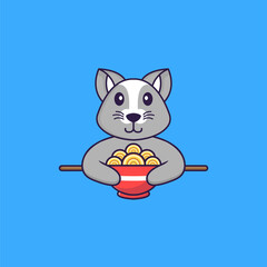 Cute rat eating ramen noodles. Animal cartoon concept isolated. Can used for t-shirt, greeting card, invitation card or mascot. Flat Cartoon Style
