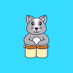 Cute rat is playing drums. Animal cartoon concept isolated. Can used for t-shirt, greeting card, invitation card or mascot. Flat Cartoon Style