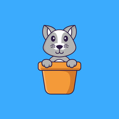 Cute rat in a flower vase. Animal cartoon concept isolated. Can used for t-shirt, greeting card, invitation card or mascot. Flat Cartoon Style