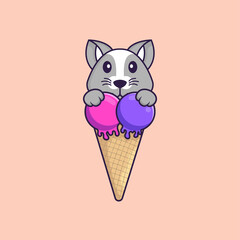 Cute rat with sweet ice cream. Animal cartoon concept isolated. Can used for t-shirt, greeting card, invitation card or mascot. Flat Cartoon Style