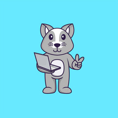 Cute rat holding laptop. Animal cartoon concept isolated. Can used for t-shirt, greeting card, invitation card or mascot. Flat Cartoon Style
